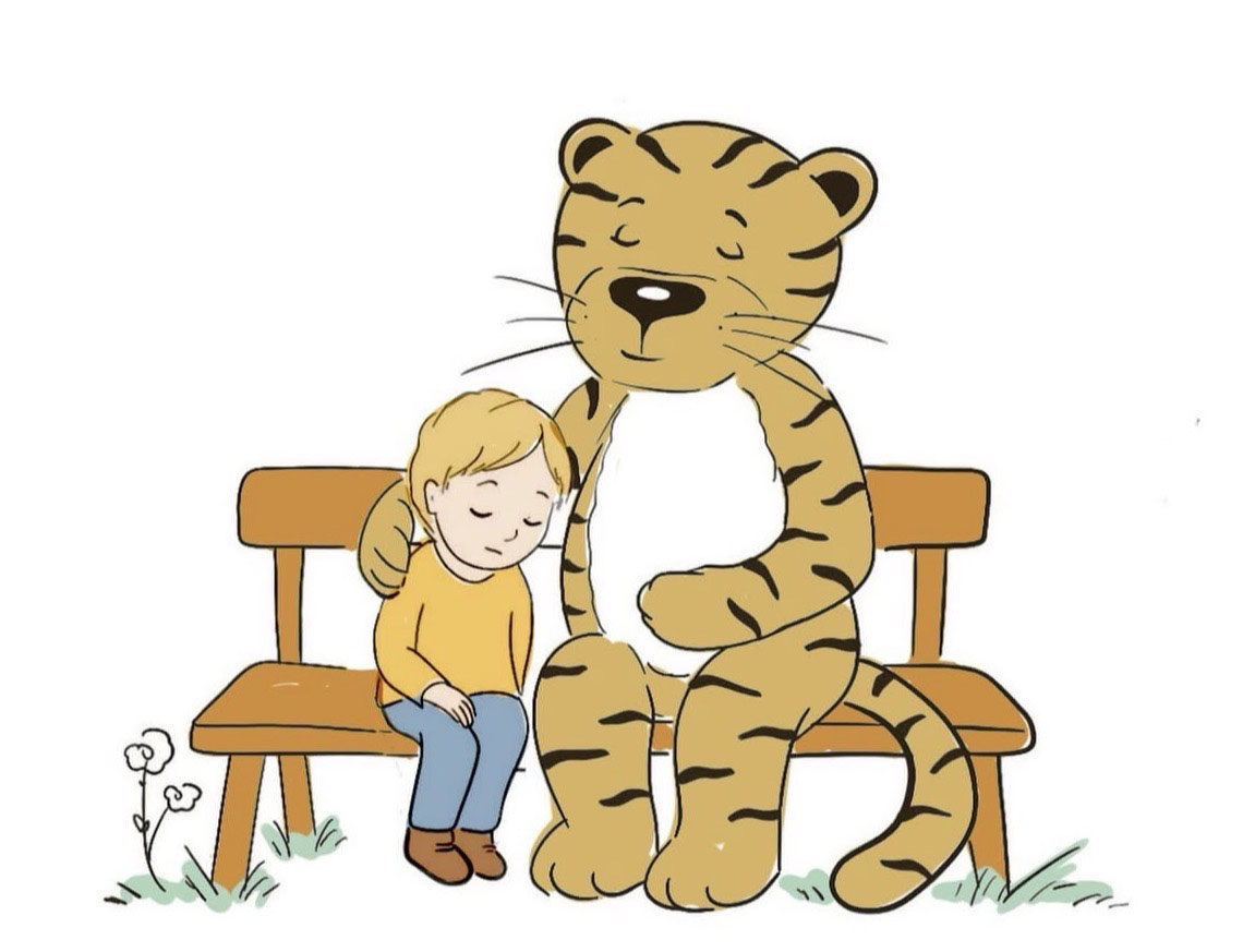 Trost-Tiger und Kind blicken gemeinsam aufs Meer